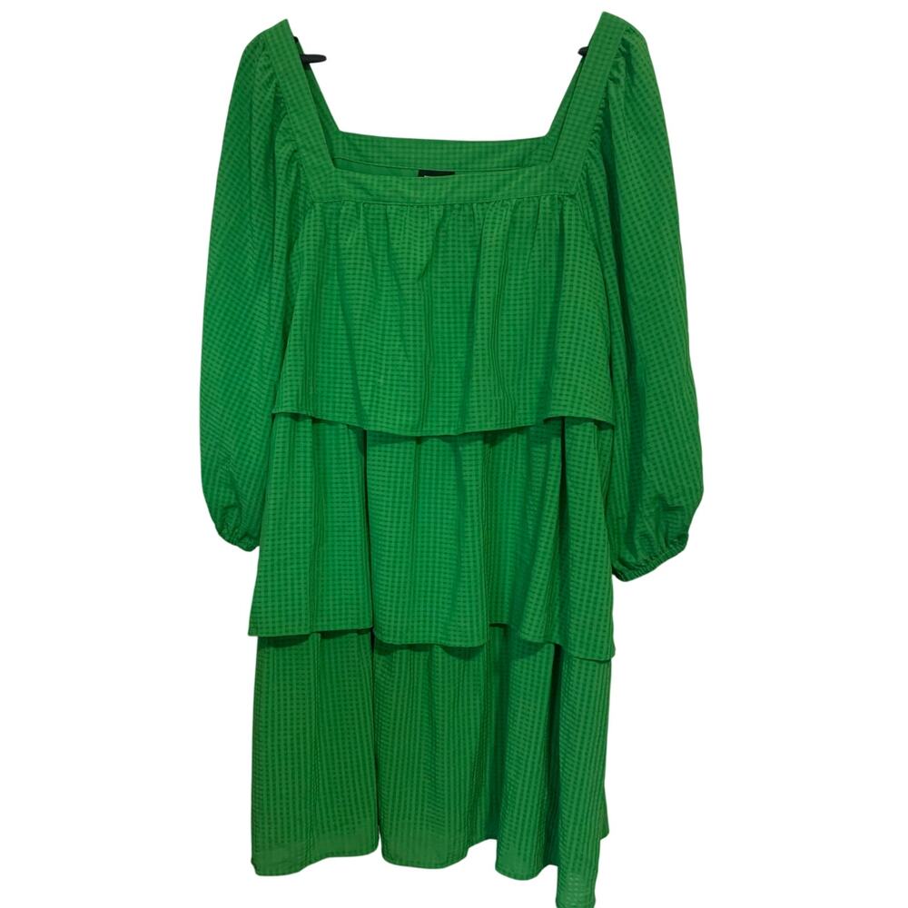 Who What Wear Women’s Green Gingham 3-Tiered Square Neck Smocked Dress Size XXL